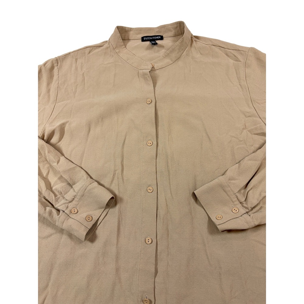 Eileen Fisher Tan 100% Silk Mandarin Collar Button Down Tunic Blouse Medium